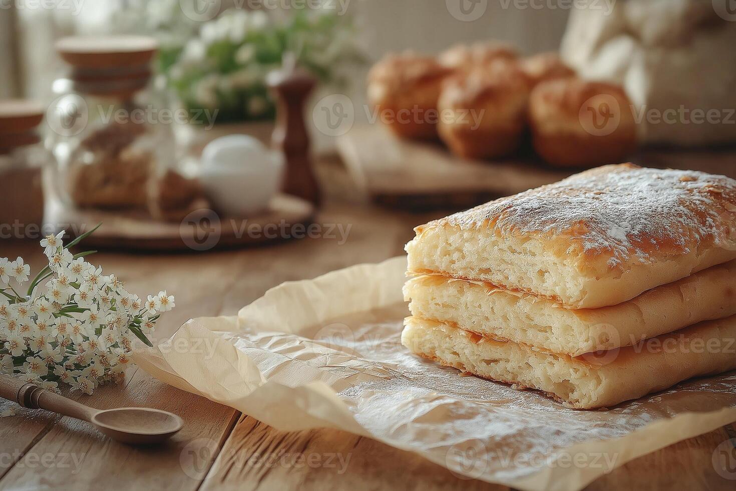 Freshly baked bread stacked on parchment paper, surrounded by soft lighting and rustic bakery elements. photo