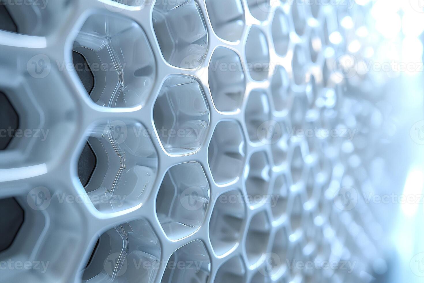 Abstract close-up of a honeycomb structure, showcasing intricate geometric patterns and smooth surfaces. photo