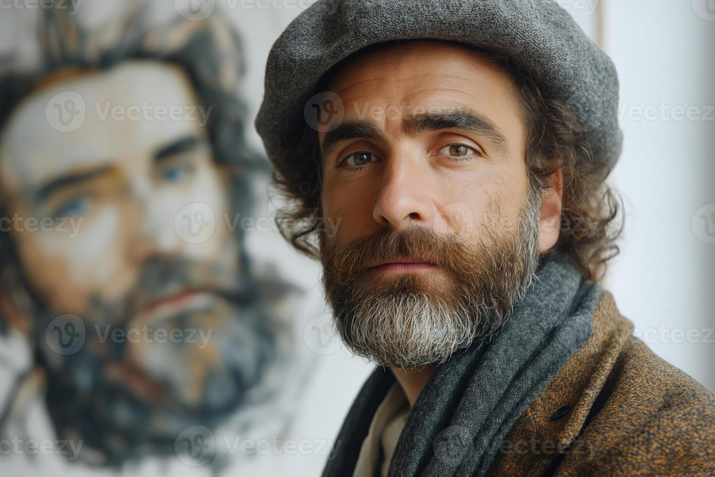 A pensive middle-aged Caucasian man with a beard, wearing a grey hat and scarf, poses thoughtfully in front of an artistic portrait. photo