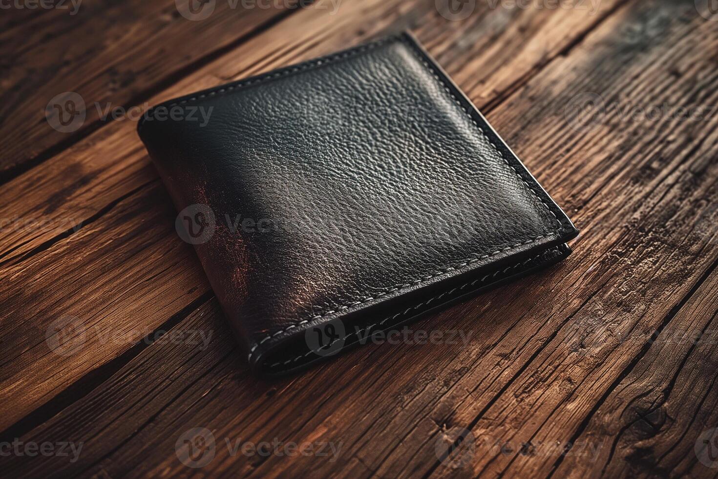 A stylish black leather wallet resting on a rustic wooden surface, showcasing its texture and craftsmanship. photo