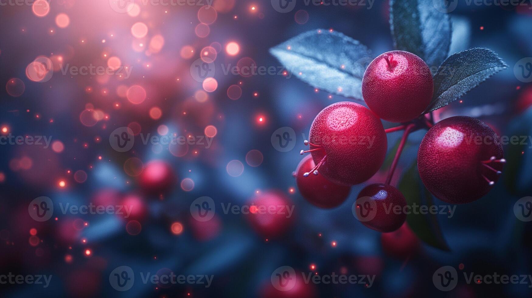 Close-up of vibrant red berries with a dreamy, soft-focus background in blue hues, exuding a magical ambiance. photo