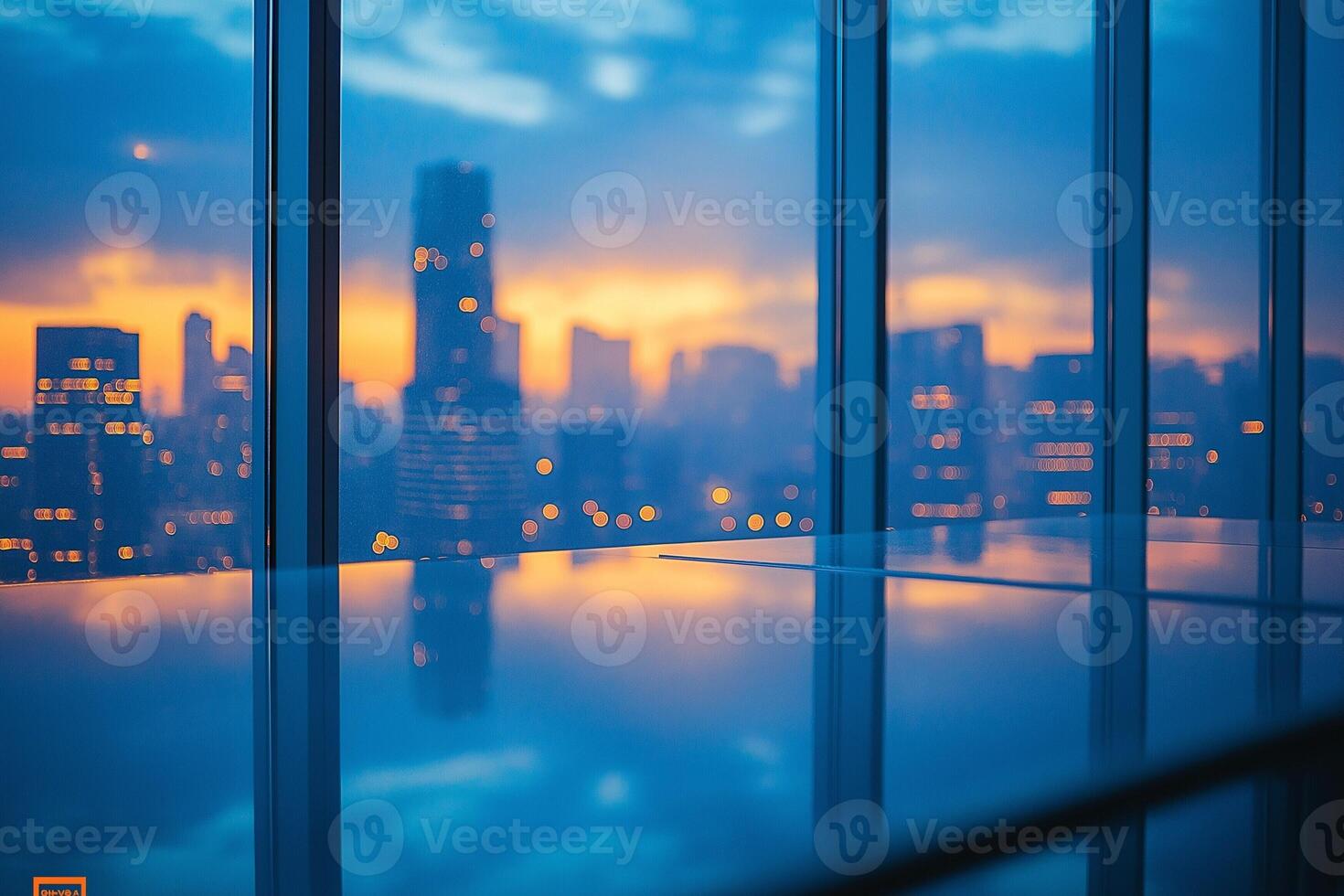 A stunning city skyline at dusk, showcasing vibrant hues of orange and blue reflected on a glass surface. photo
