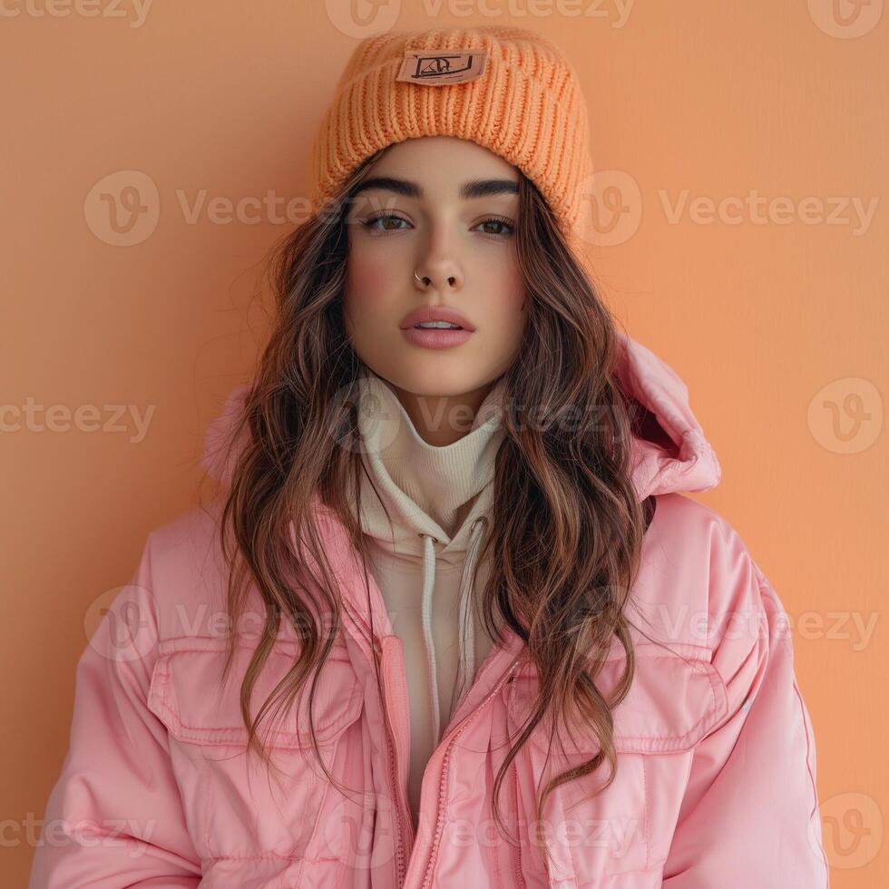 A young woman with long wavy hair wears a pink puffer jacket and an orange beanie against a warm orange background. photo