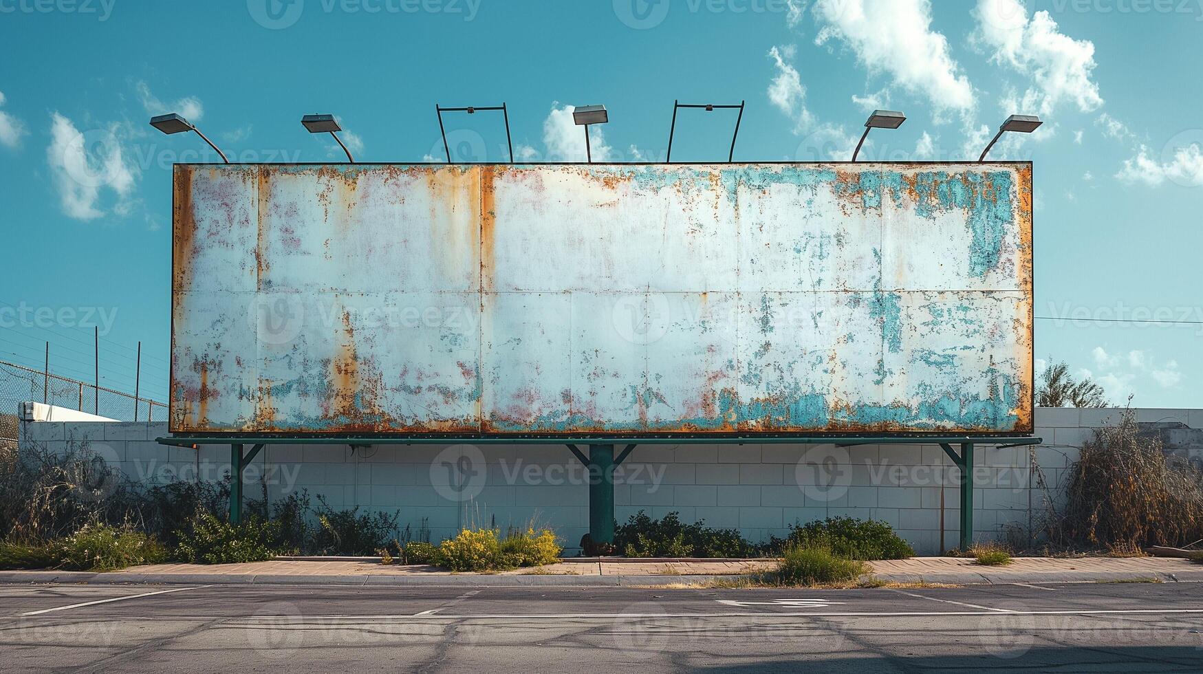 A weathered billboard stands against a bright blue sky, showcasing an aged and rusty surface with a hint of nature peeking through. photo