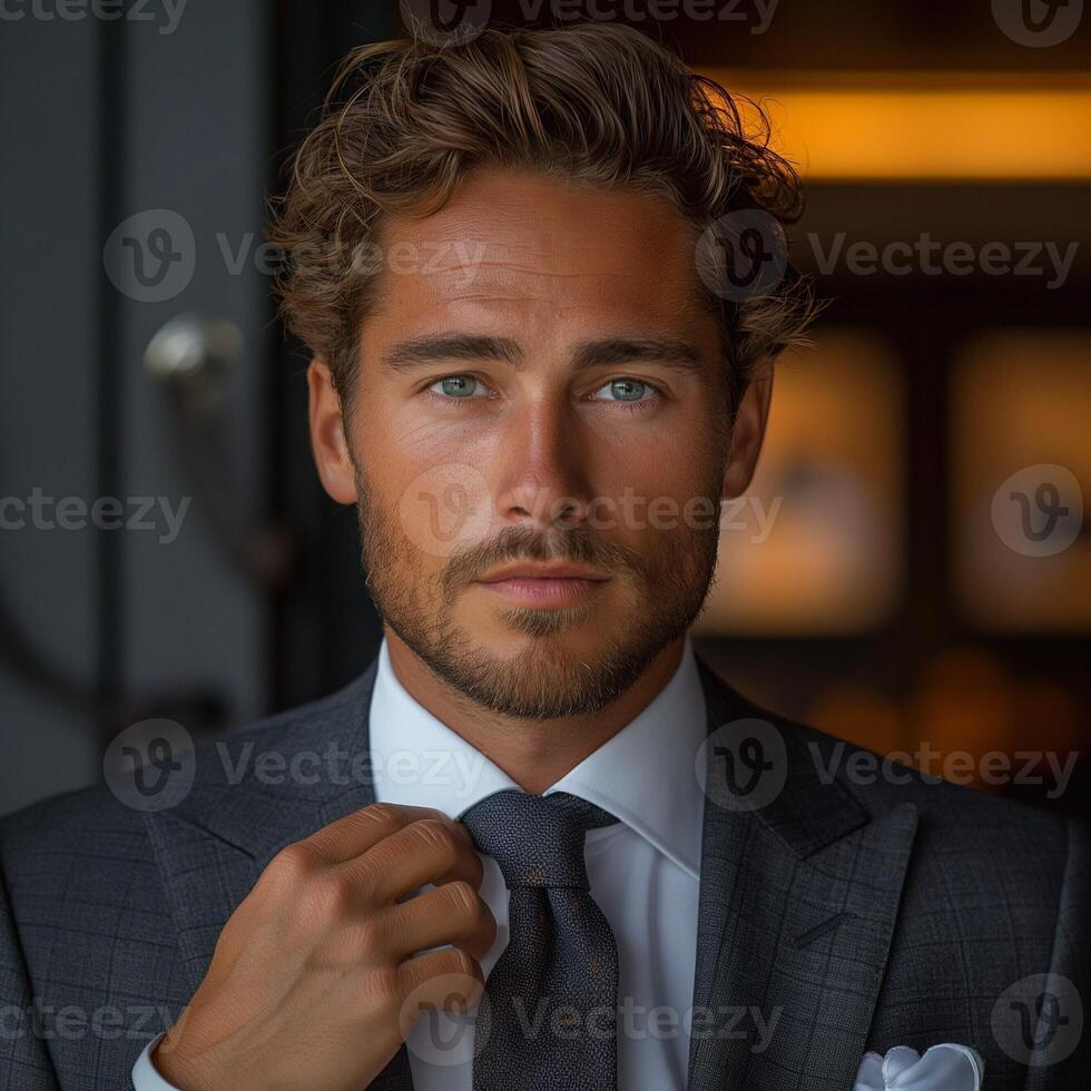 A handsome Caucasian man in a stylish grey suit, adjusting his tie with confidence in a sophisticated setting. photo