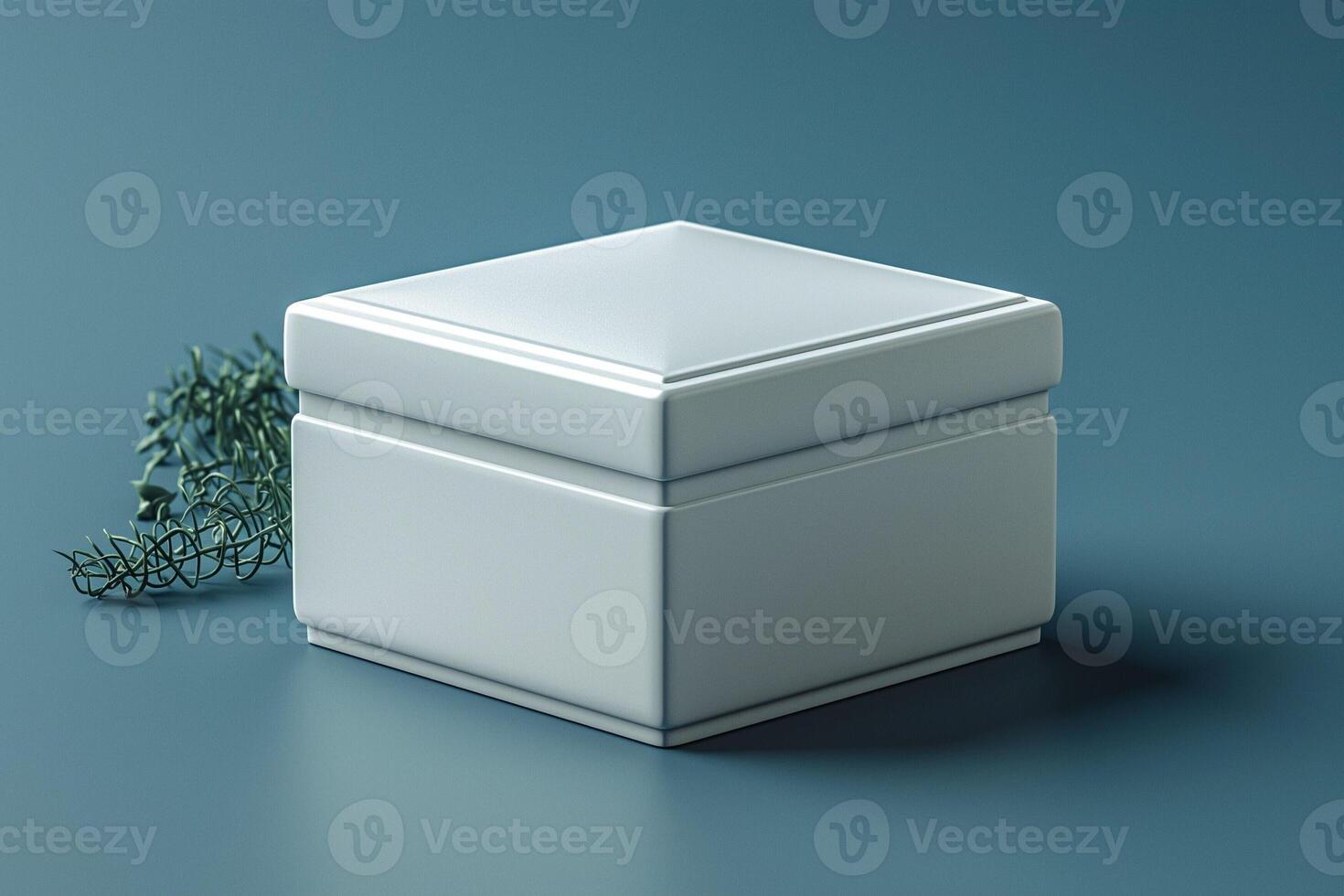 A minimalist square white box with a delicate green herb accent, set against a soothing teal background. photo