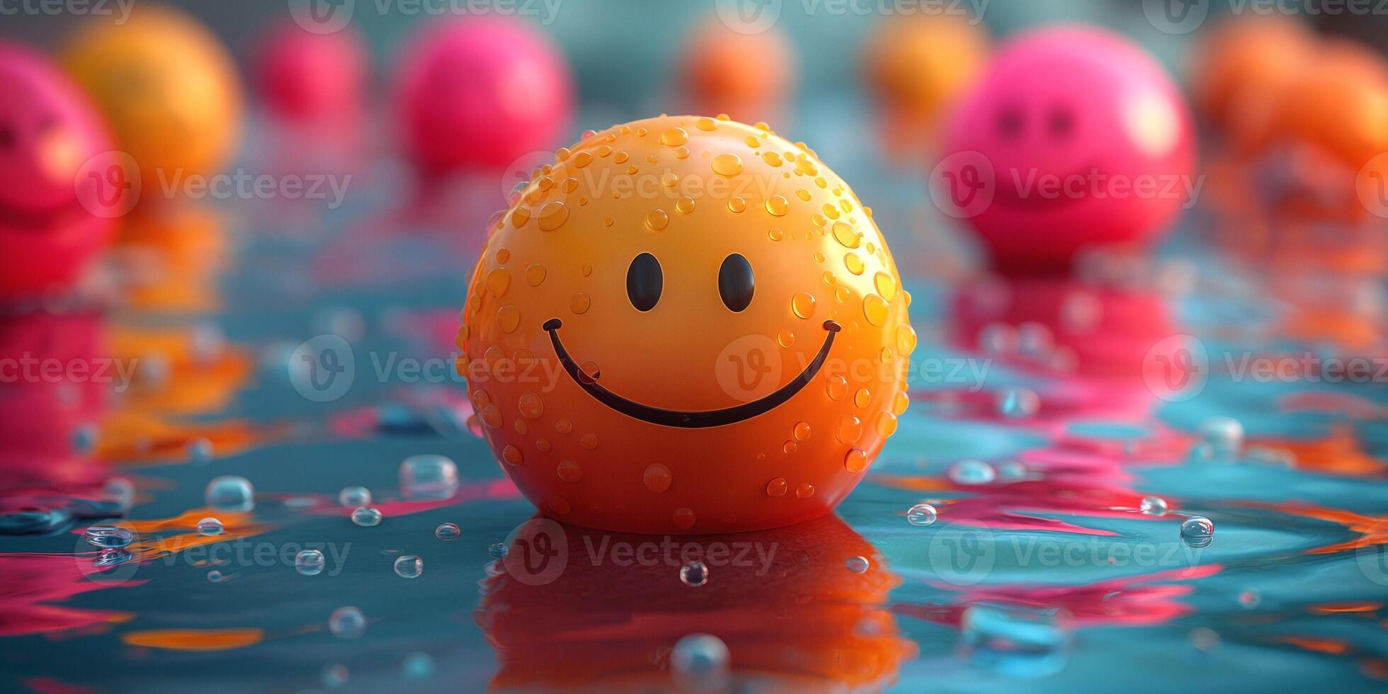 A vibrant orange smiley face ball with droplets of water, surrounded by colorful floating spheres, creating a cheerful and playful atmosphere. photo