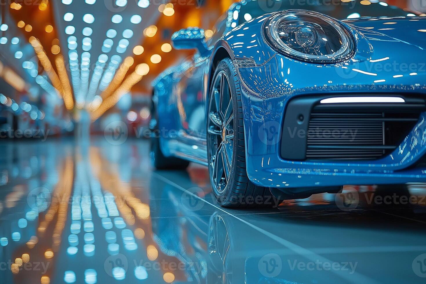 A sleek blue sports car showcased in a modern showroom, with dazzling lights reflecting on the polished floor. photo