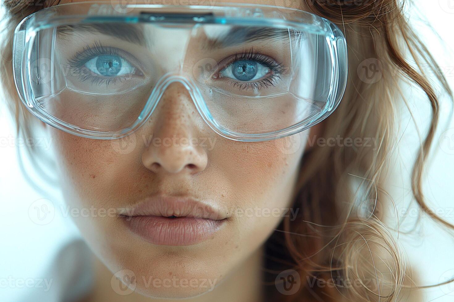 Close-up portrait of a young woman with blue eyes and curly hair, wearing protective glasses, exuding a confident and focused demeanor. photo