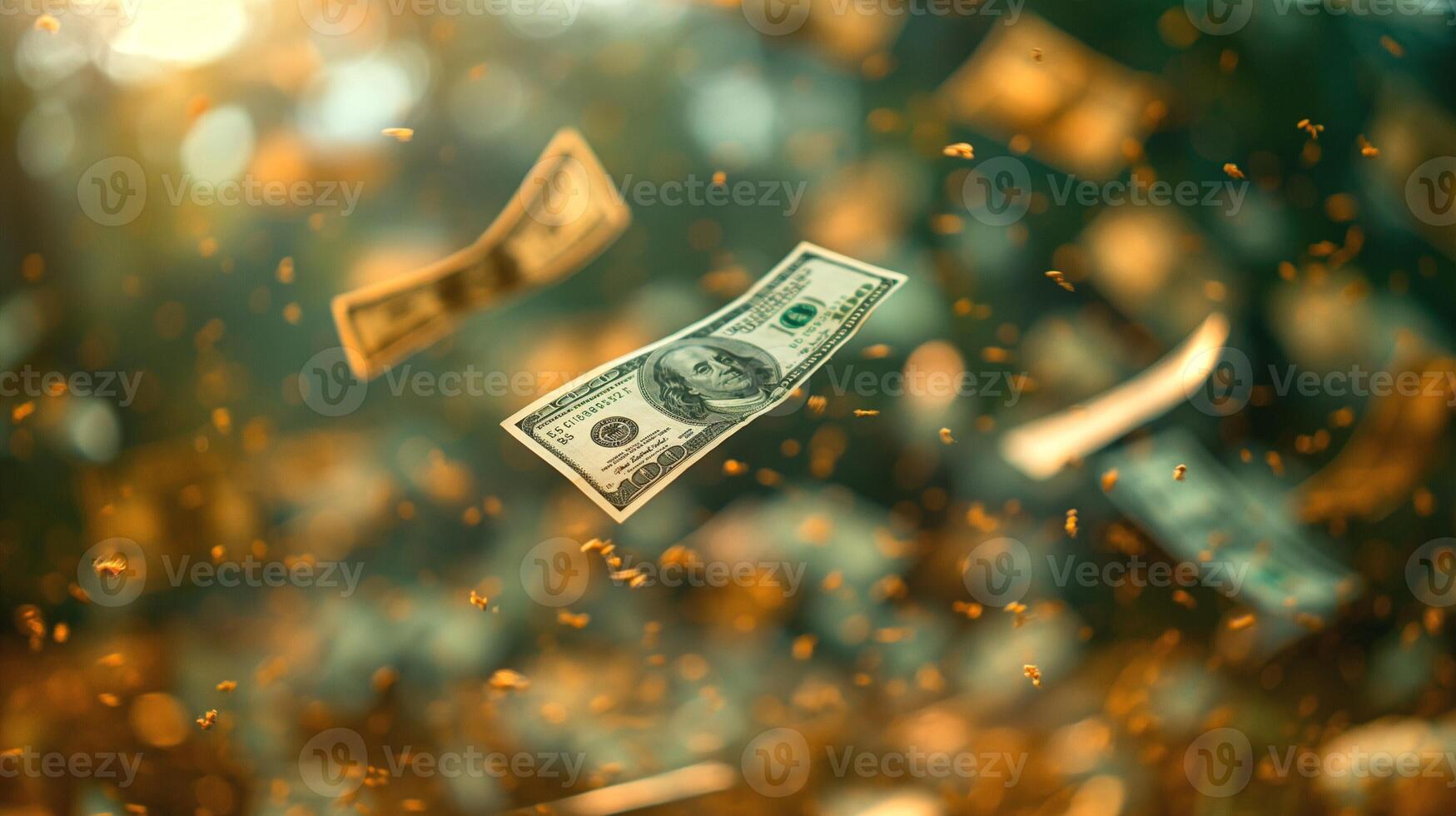 A hundred-dollar bill floating amidst a cascade of golden particles, symbolizing wealth and prosperity. photo