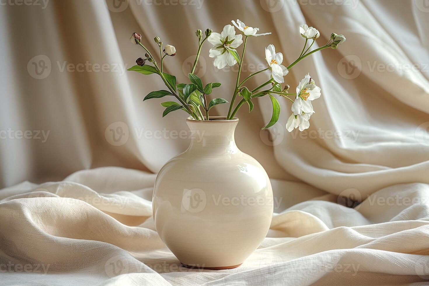 A serene still life featuring a traditional cream-colored vase with fresh white flowers against a soft, draped background. photo