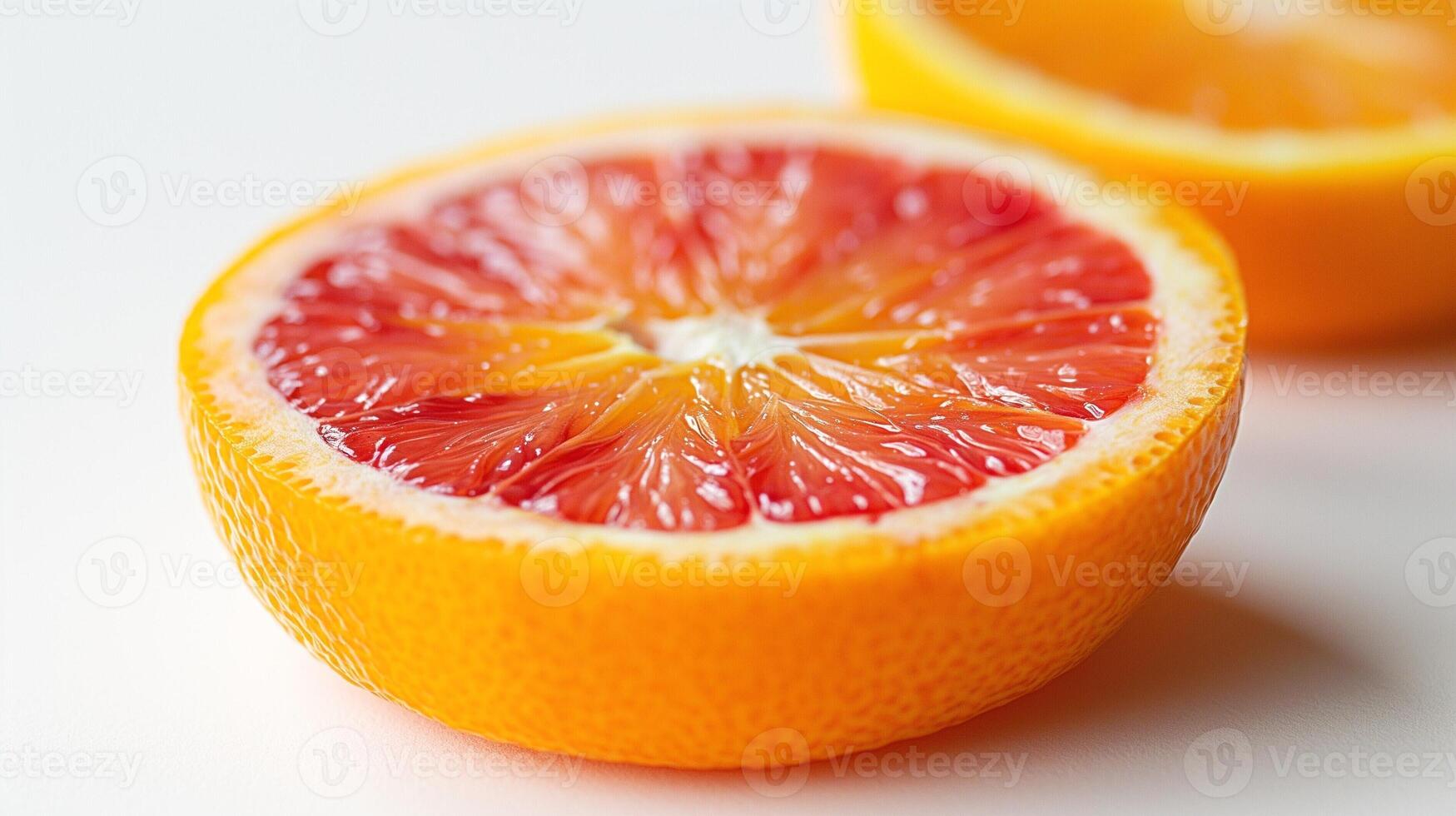 A vibrant orange fruit sliced open, revealing the juicy red interior, showcasing its fresh and succulent texture. photo