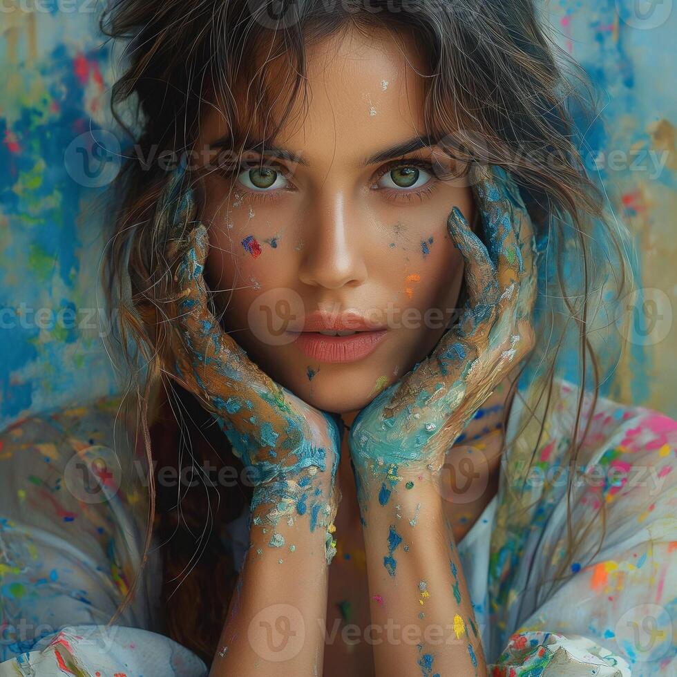 A young Caucasian woman poses with colorful paint on her face and hands, showcasing a vibrant artistic expression. photo