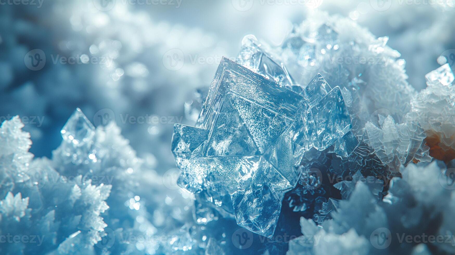 Close-up of shimmering blue crystals reflecting light in a delicate icy setting. photo