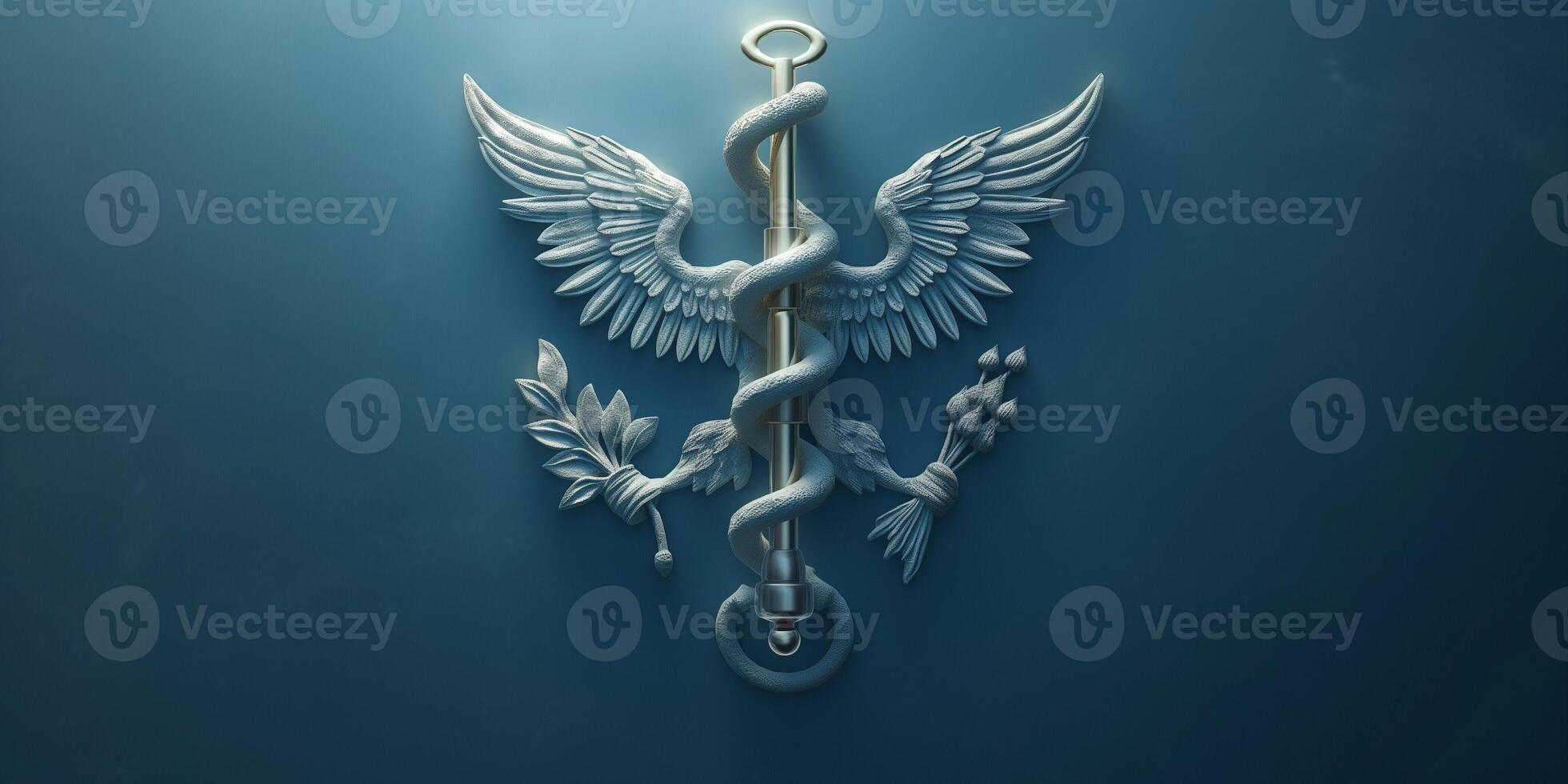 A stylized medical emblem featuring a winged caduceus and olive branches against a blue background. photo