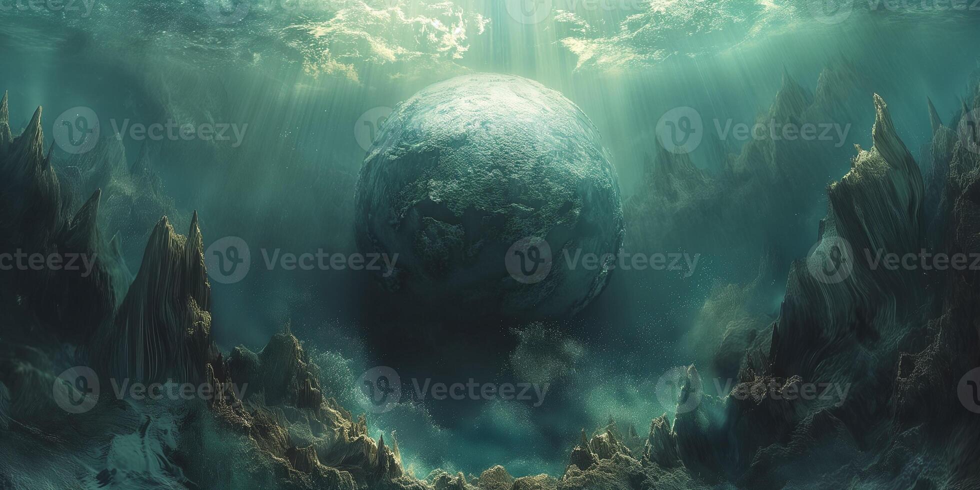 A mesmerizing underwater landscape showcasing a large planet illuminated from above, with mountains and ethereal light creating a surreal atmosphere. photo