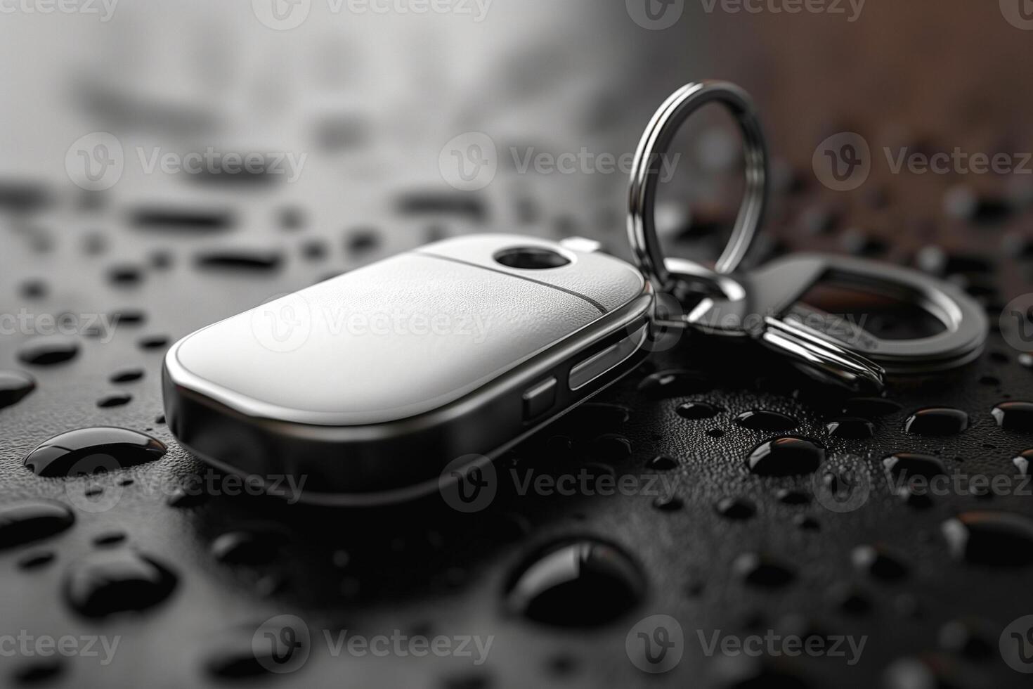 A sleek silver car key fob lies on a wet surface, reflecting the drops of water, conveying a sense of luxury and care. photo