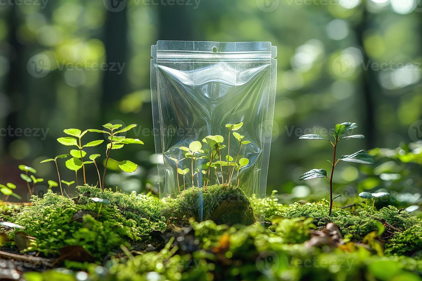 A vibrant green plant growing in a forest, protected by a clear, resealable bag, symbolizing conservation and growth. photo