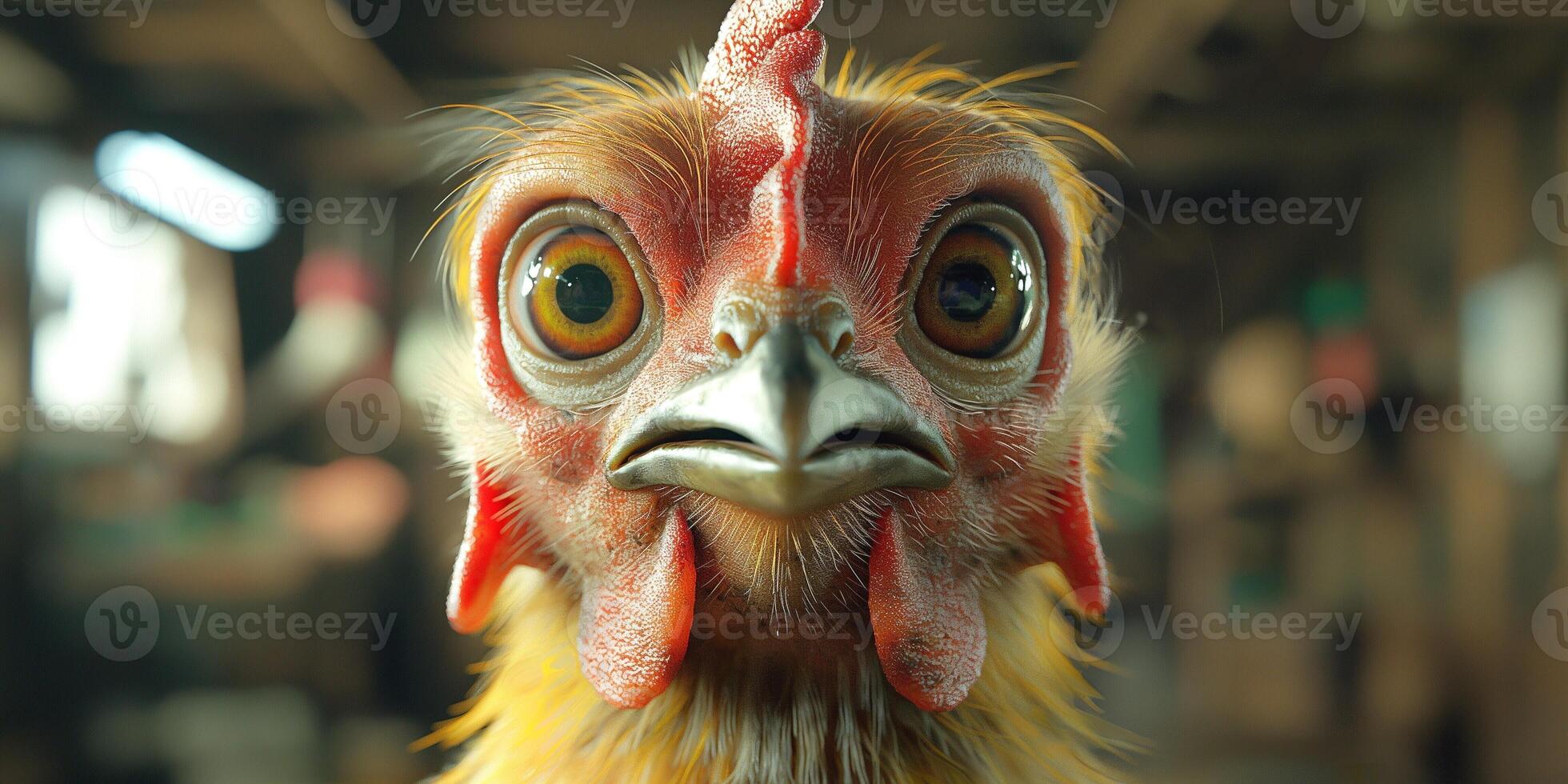 A close-up of a vibrant chicken with detailed feathers and expressive eyes in a rustic barn setting. photo