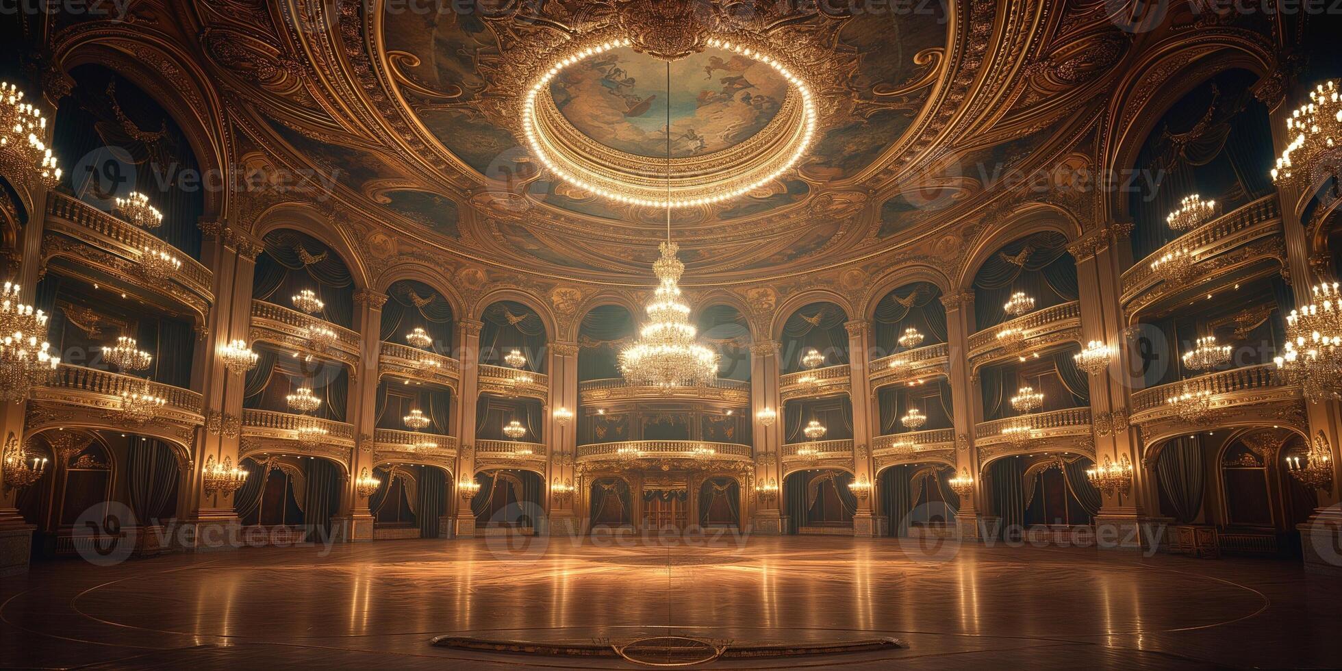 A luxurious theater interior featuring ornate chandeliers and grand architectural details, exuding elegance and warmth. photo