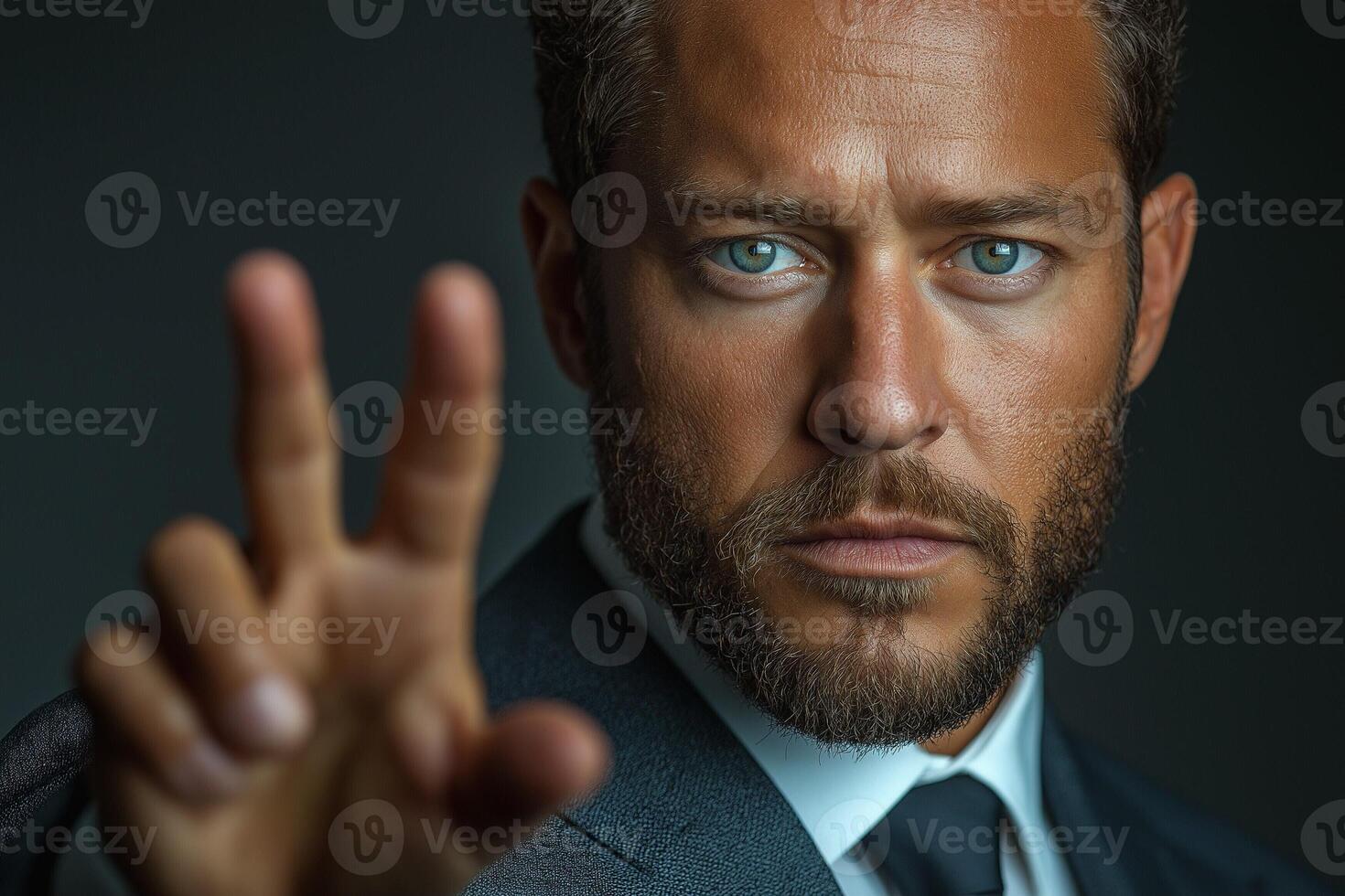 A striking portrait of a serious Caucasian man in a suit, exuding confidence and determination with intense blue eyes. photo