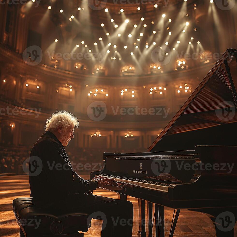 A senior Caucasian man passionately plays a grand piano on stage, illuminated by dramatic spotlighting in an elegant concert hall. photo