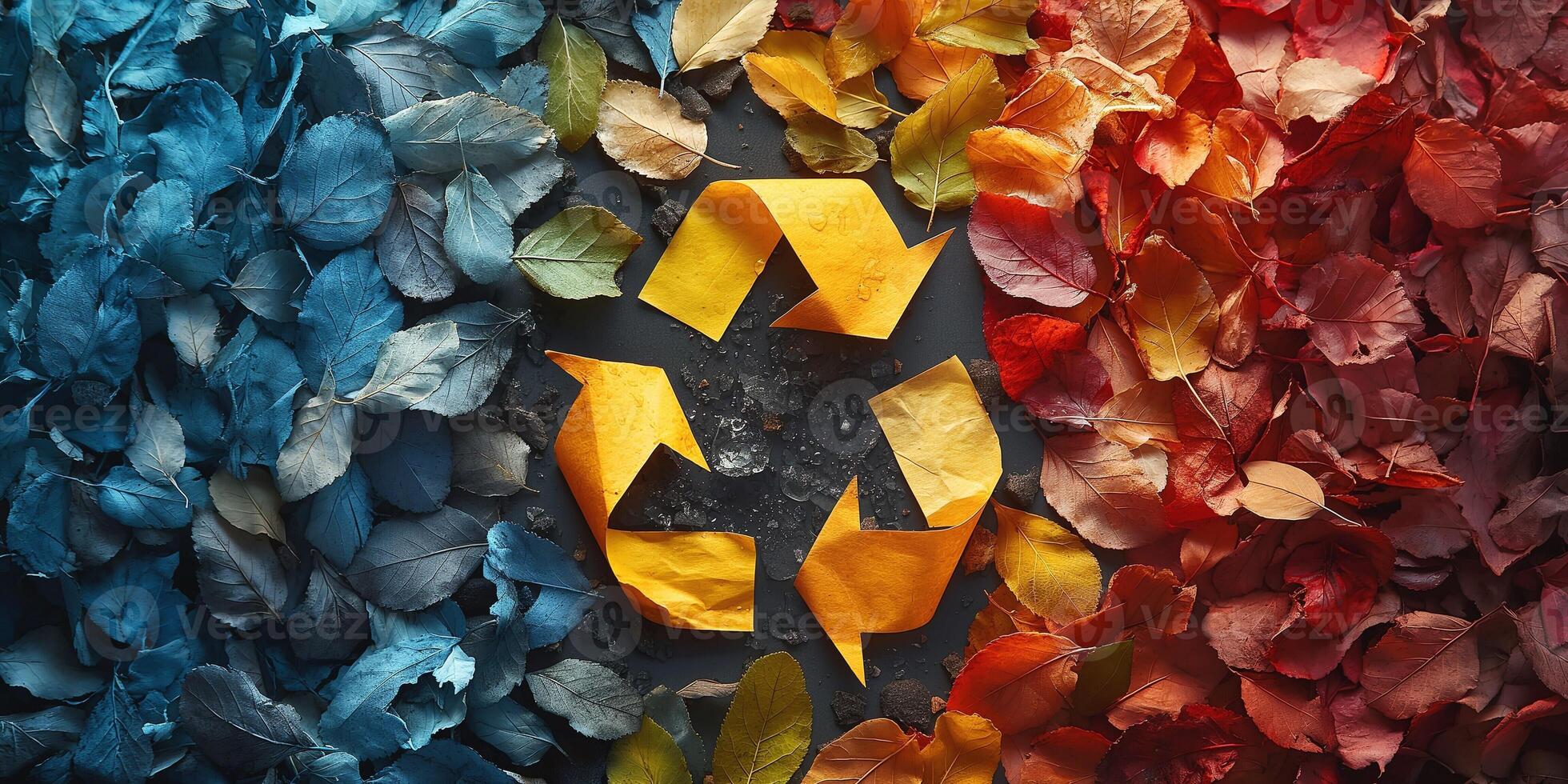 A vibrant still life featuring a recycle symbol surrounded by colorful dried leaves in shades of blue, orange, and red. photo