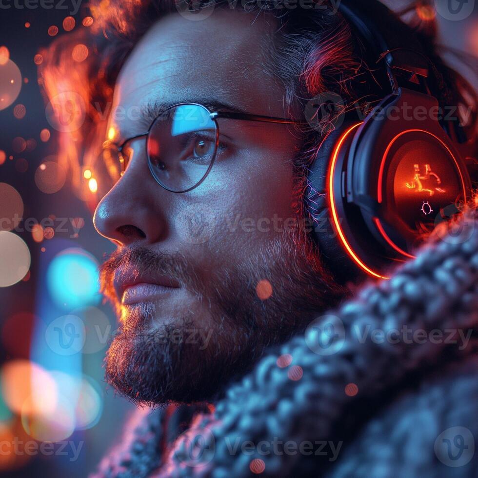 A young Caucasian man with glasses enjoys music through glowing headphones, wrapped in a cozy sweater amidst vibrant bokeh lights. photo