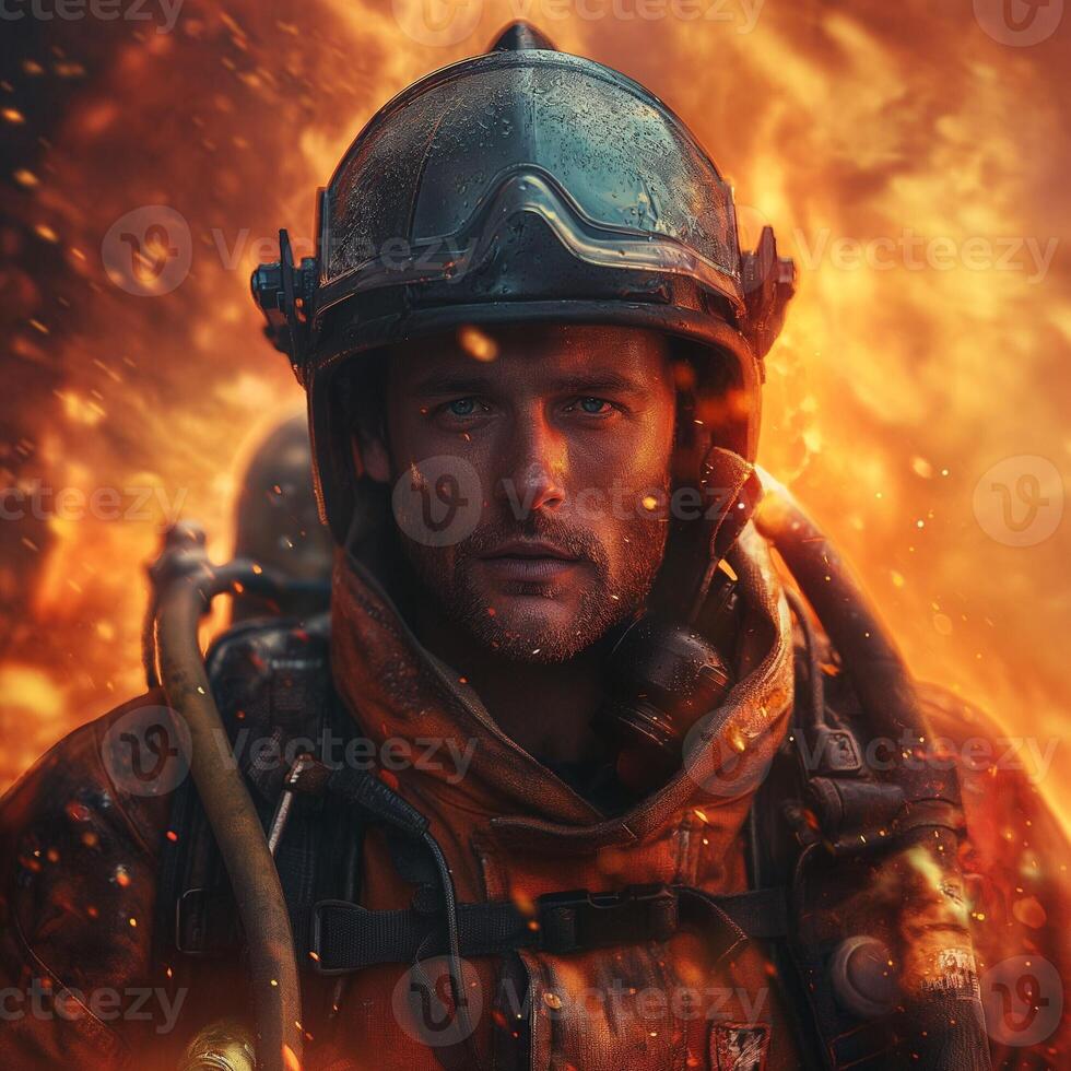 A determined male firefighter stands bravely against a blazing backdrop, symbolizing courage and resilience. photo