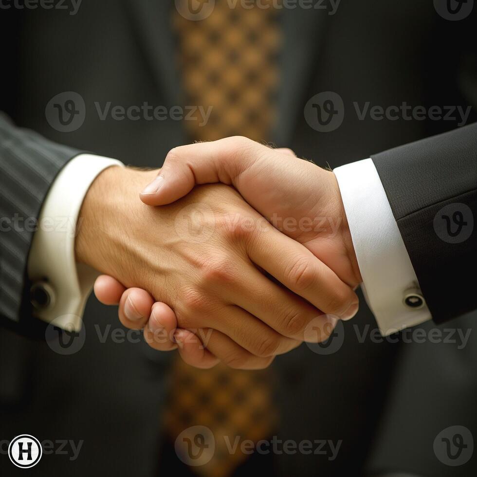 Two men engaging in a professional handshake, displaying unity and agreement in a corporate setting. photo