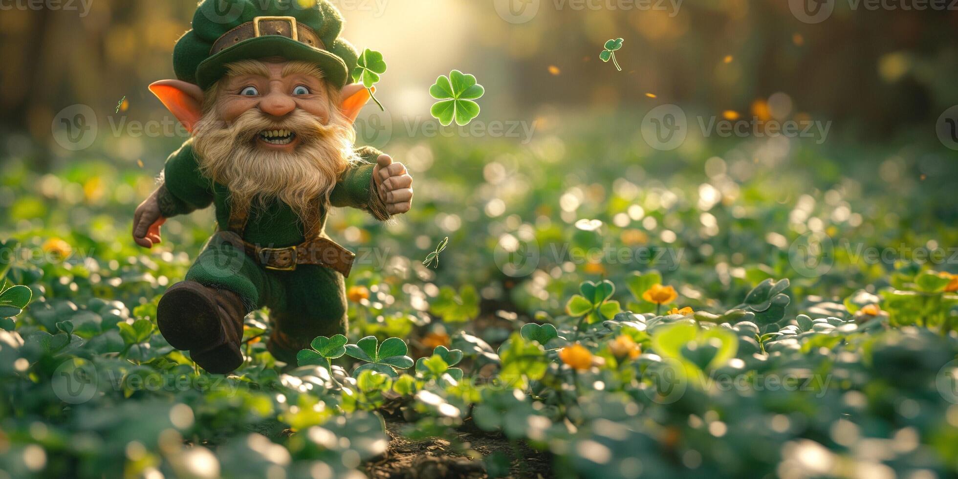 A joyful leprechaun with a beard running through a lush green field, celebrating with clovers around him. photo