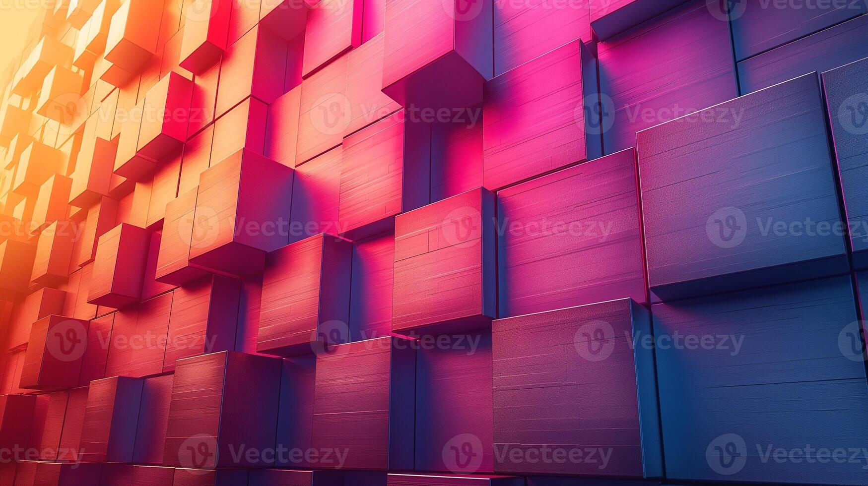 Colorful abstract wall with stacked 3D boxes in vibrant pink, purple, and blue shades, creating a modern visual effect. photo