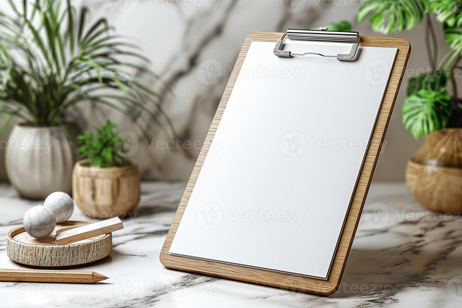 A wooden clipboard on a marble surface surrounded by plants, pencils, and decorative stones, creating a serene workspace. photo