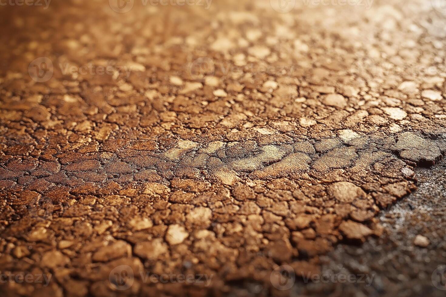 Close-up of cracked, textured surface with rich brown hues and warm light accentuating its details. photo