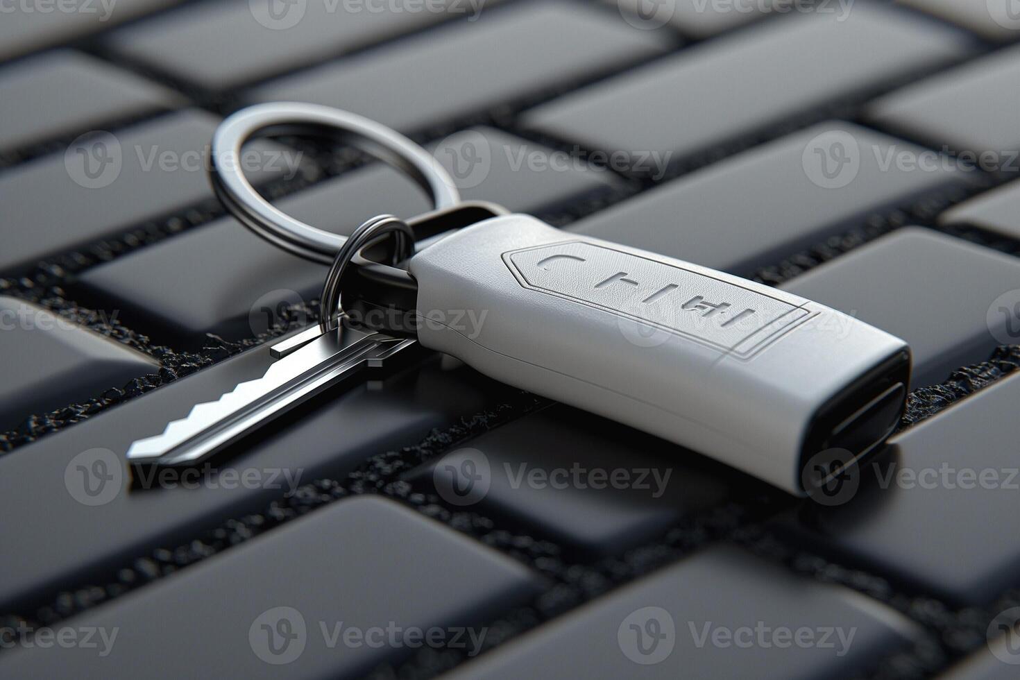 A modern car key fob with a key attached, resting on a sleek black tiled surface. photo