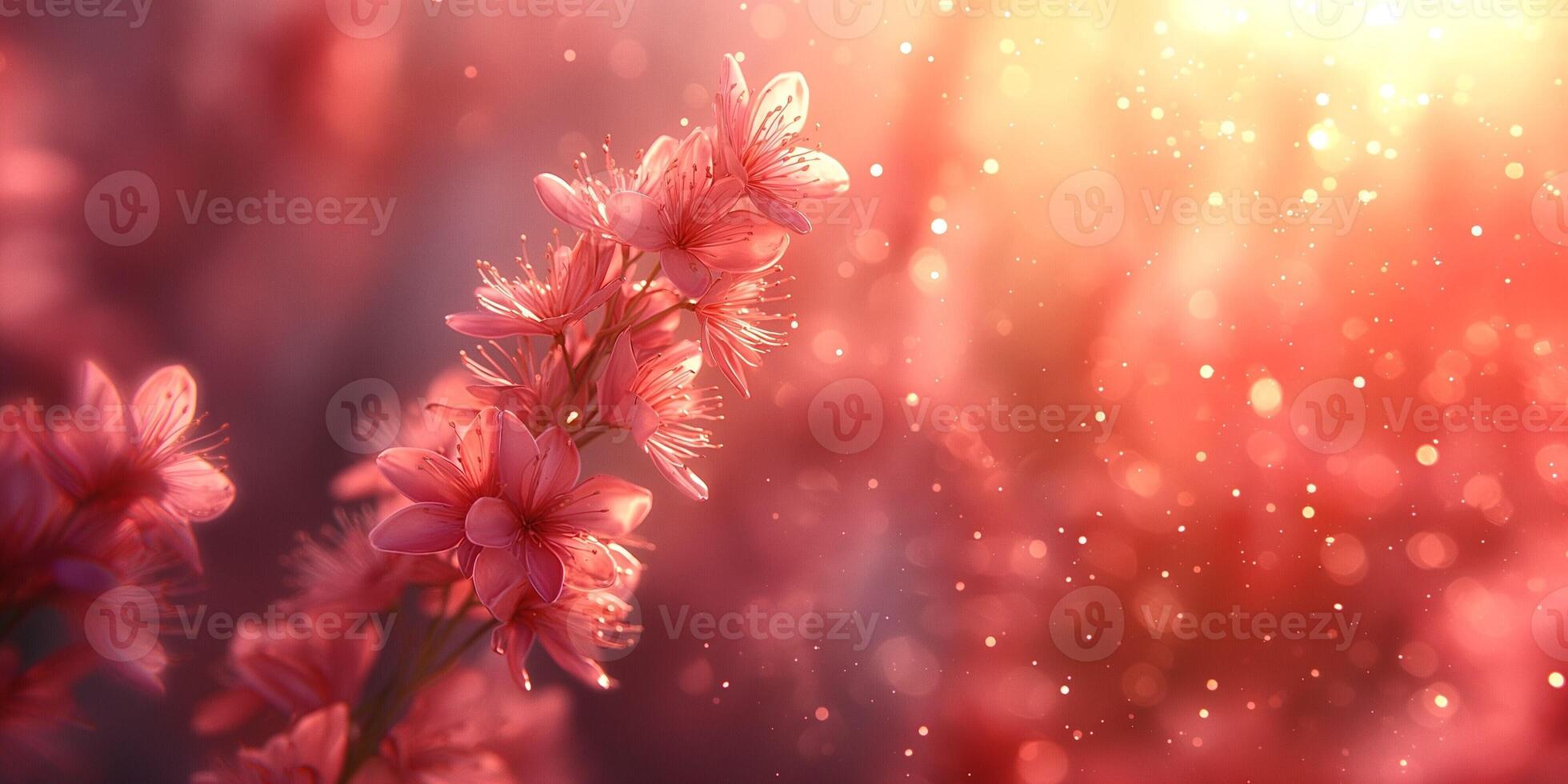 Delicate pink flowers shimmering in warm sunlight, illuminated by sparkling bokeh effects. photo