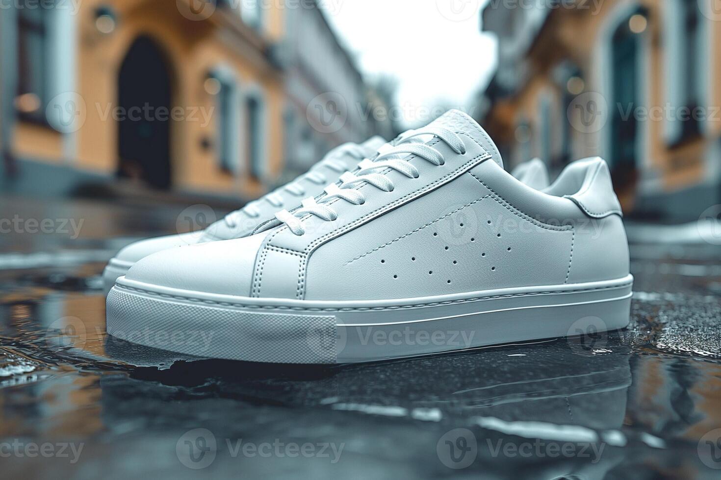 A pair of sleek white sneakers elegantly displayed on a reflective wet pavement. photo
