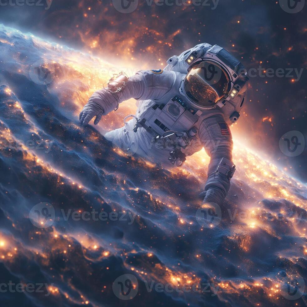 A male astronaut, dressed in a space suit, explores a vibrant cosmic landscape filled with colorful galaxies and stars. photo