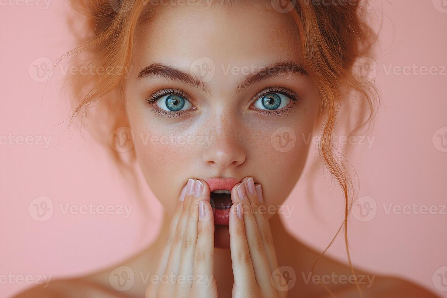 A surprised young girl with striking blue eyes and wavy red hair, expressing wonder against a soft pink backdrop. photo