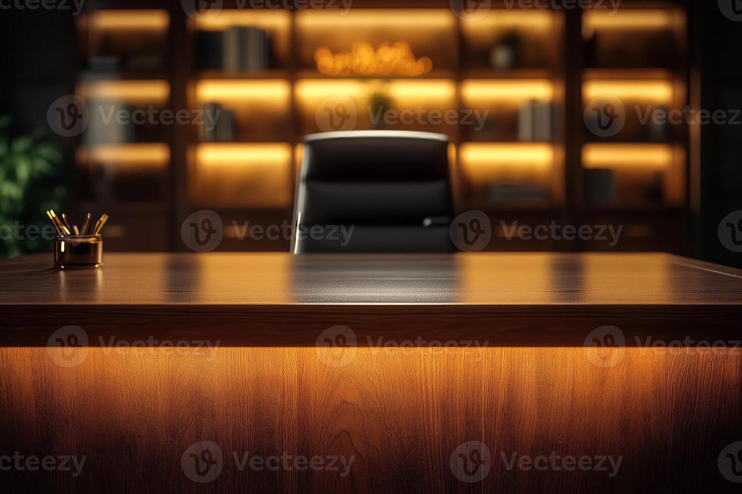 A modern office desk in a professional setting, featuring warm lighting and a sleek black chair. photo