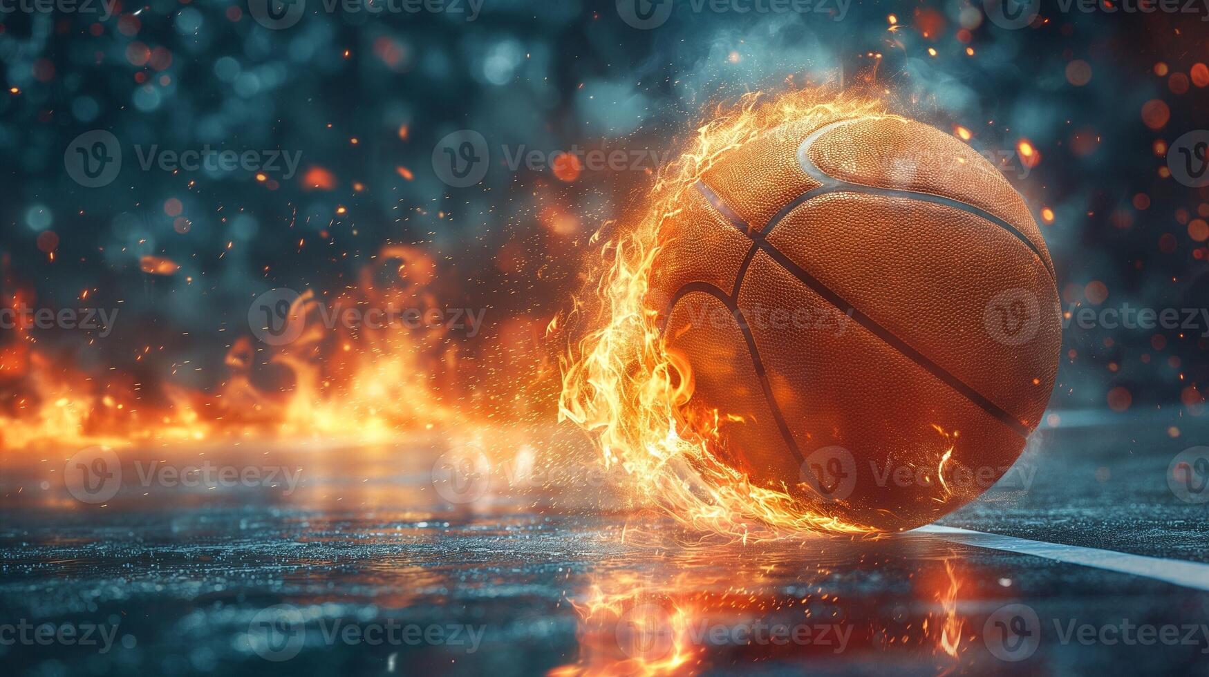A fiery basketball rolling on a court, showcasing intense motion and dynamic energy in a dramatic setting. photo