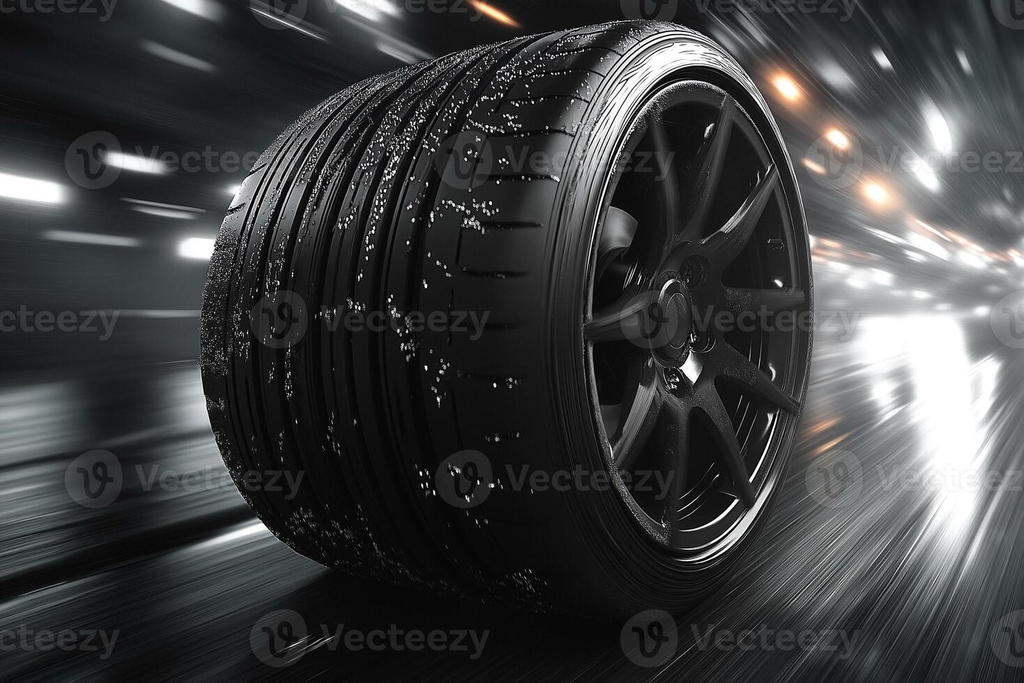Dynamic close-up of a black racing tire in motion, showcasing its tread and sleek design against a blurred background. photo
