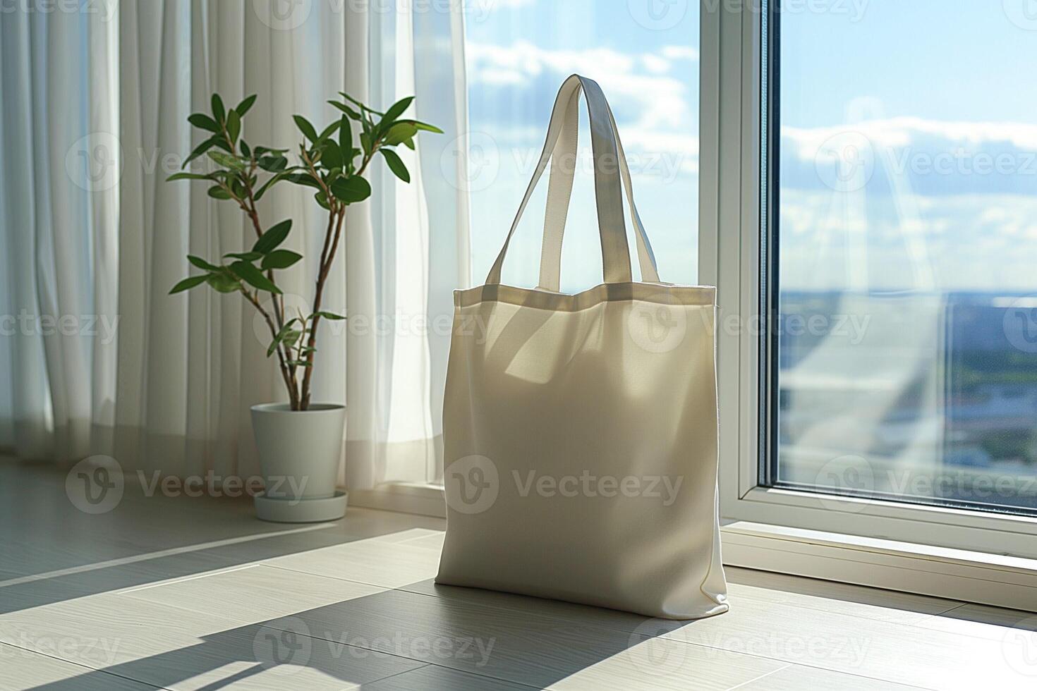 A minimalist cream tote bag stands beside a potted plant, softly illuminated by sunlight streaming through large windows. photo