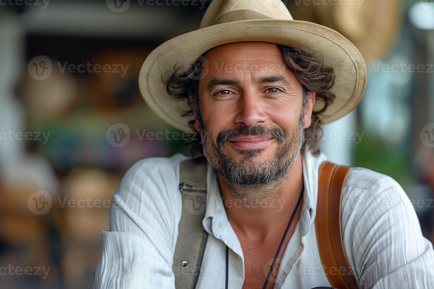 Smiling Hispanic man in a hat, showcasing a warm and inviting expression in a casual setting. photo