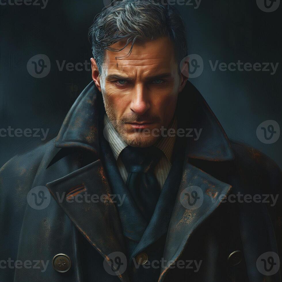 A brooding Caucasian man in a dark, vintage coat, exuding an air of mystery and intensity. photo