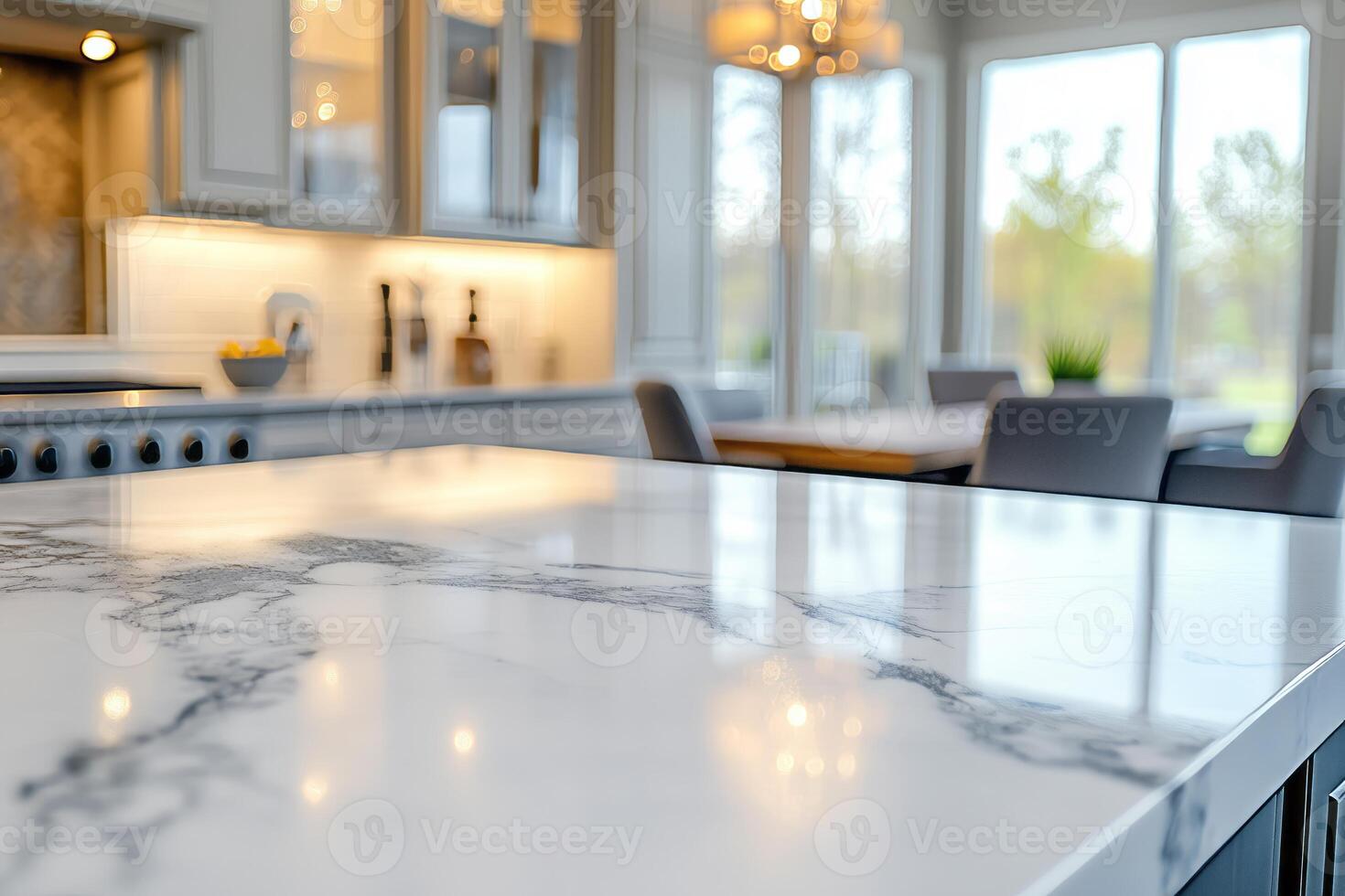 A beautifully designed modern kitchen with a luxurious marble countertop, soft lighting, and a cozy dining area in the background. photo