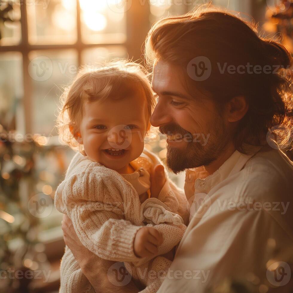 A joyful father, with long hair and a beard, smiles affectionately while holding his adorable toddler in a cozy, sunlit room. photo