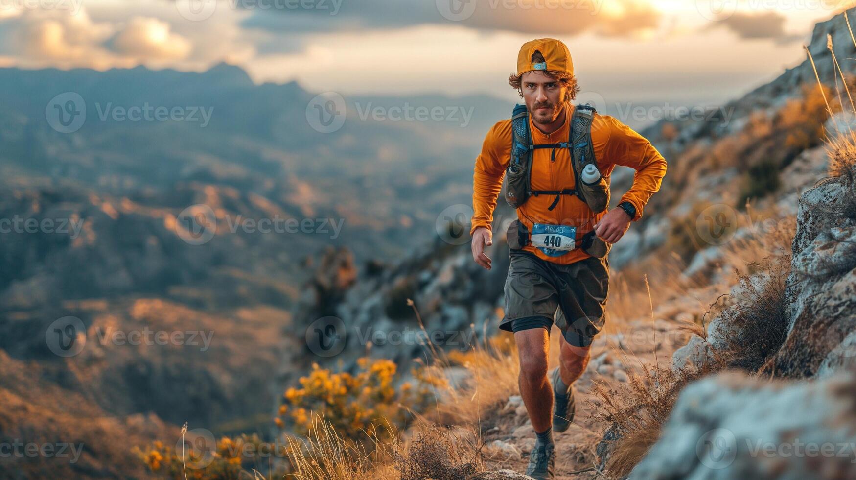 A determined Caucasian male runner in an orange shirt and hiking gear, sprinting along a mountain trail at sunset. photo