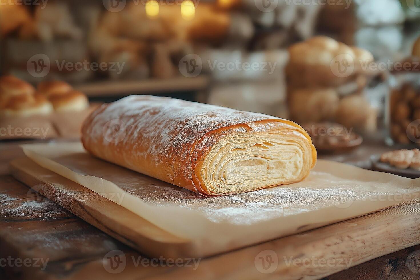 A freshly baked golden-brown pastry elegantly displayed on wooden parchment. photo