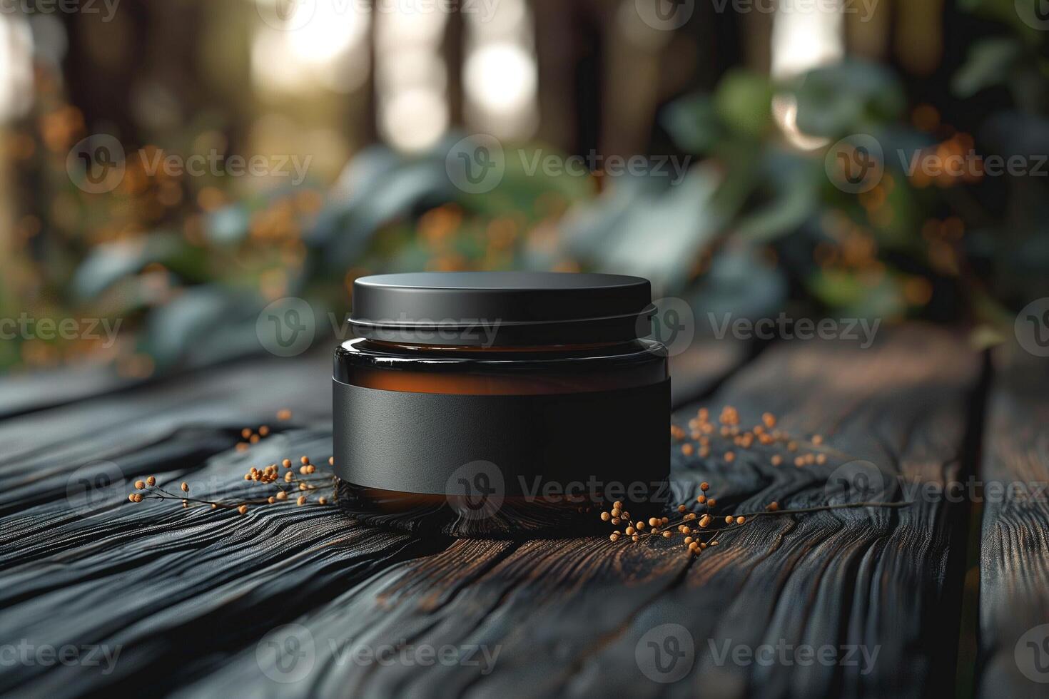 A sleek, dark jar sits on a wooden surface surrounded by greenery, evoking a natural and calming ambiance. photo